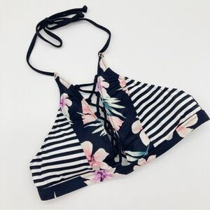 Victoria’s Secret Floral and Striped Strappy Lace Up High Neck Halter Bikini Top